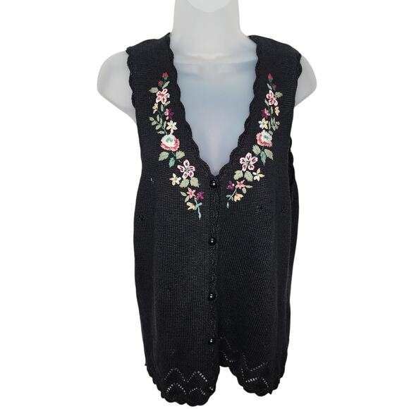 Vintage Capacity 90's Black V Neck Women's Embroidered Flowers Button Front Vest - Picture 1 of 15